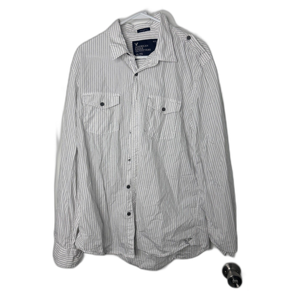 American Eagle Men’s XL Vintage Fit Button-Up Shirt | White Pinstripe Cotton